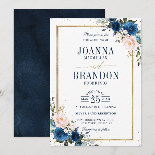 Invitation Marine bleu rose rose rose rose Boho Mariage géomé (Devant / Derrière)