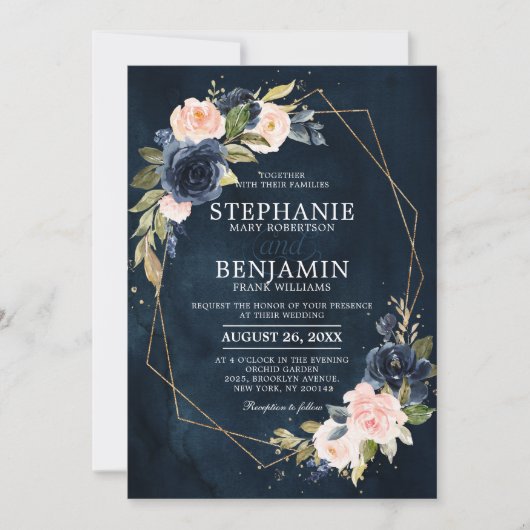 Invitation Marine bleu rose rose rose rose Boho Mariage géomé (Devant)