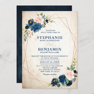 Invitation Marine bleu rose rose rose rose Boho Mariage géomé