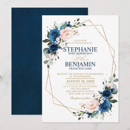 Invitation Marine bleu rose rose rose rose Boho Mariage géomé (Devant / Derrière)