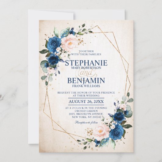 Invitation Marine bleu rose rose rose rose Boho Mariage géomé (Devant)