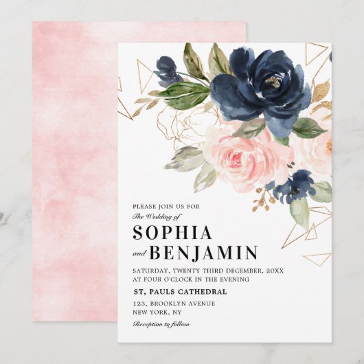 Invitation Marine bleu rose rose rose rose Boho Mariage géomé (Devant / Derrière)