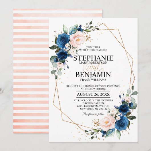 Invitation Marine bleu rose rose rose rose Boho Mariage géomé (Devant / Derrière)