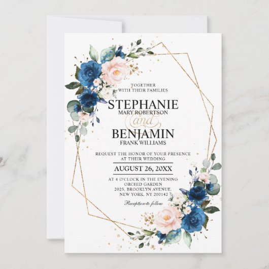 Invitation Marine bleu rose rose rose rose Boho Mariage géomé (Devant)