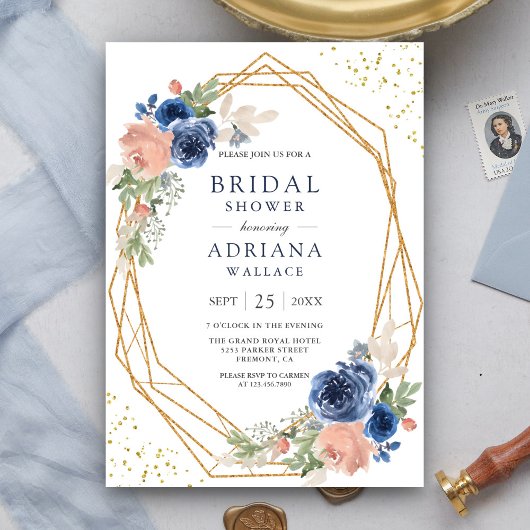 Invitation Marine Bleu rose rose rose Roses Fête des mariées