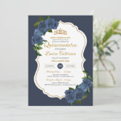 Invitation Marine Bleu Roses Blanc et or Elegant Quinceanera (Debout devant)