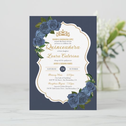 Invitation Marine Bleu Roses Blanc et or Elegant Quinceanera (Debout devant)