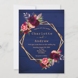 Invitation Marine bleu rustique mur bordeaux floraux mariage