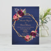 Invitation Marine bleu rustique mur bordeaux floraux mariage (Debout devant)