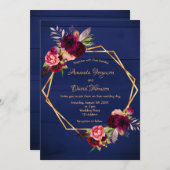 Invitation Marine bleu rustique mur bordeaux floraux mariage (Devant / Derrière)
