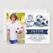 Invitation Marine Bleu Soccer Enfants Aquarelle Photo (Devant)