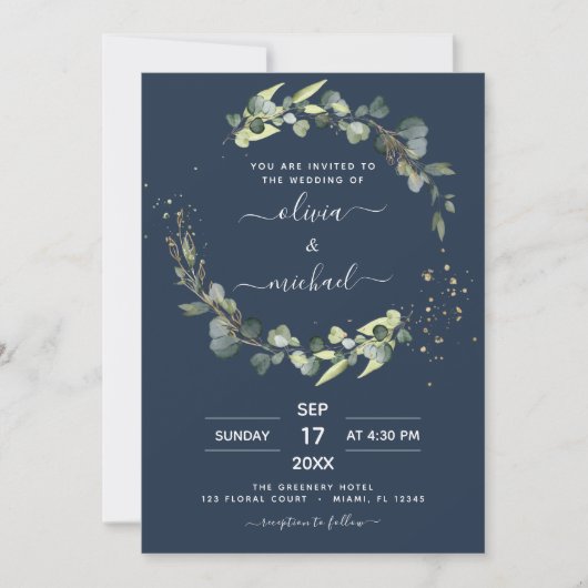 Invitation Marine bleu tout en un Eucalyptus QR Code Mariage (Devant)