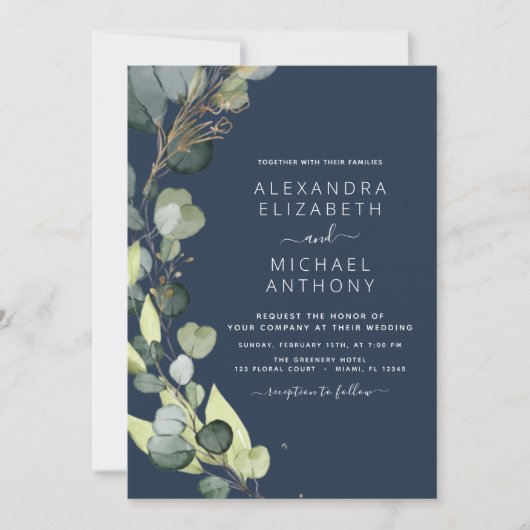 Invitation Marine bleu tout en un Eucalyptus QR Code Mariage (Devant)