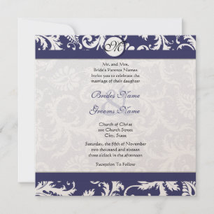 Invitation Marine bleu Vintage Floral Damask Monogramme Maria
