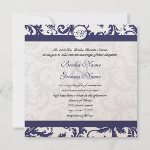 Invitation Marine bleu Vintage Floral Damask Monogramme Maria