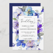 Invitation Marine bleu violet Floral Tout en 1 QR Code Mariag (Devant / Derrière)
