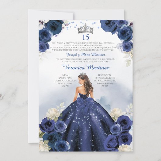 Invitation Marine Bleue Espagnol Princesse Argent 15 Años Ann (Devant)