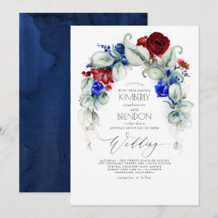 Invitation Marine Bleue et Bourgogne Fleurs rouges Élégant ma