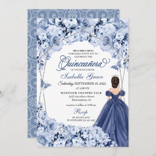 Invitation Marine Bleue Rose princesse Quinceañera (Devant / Derrière)