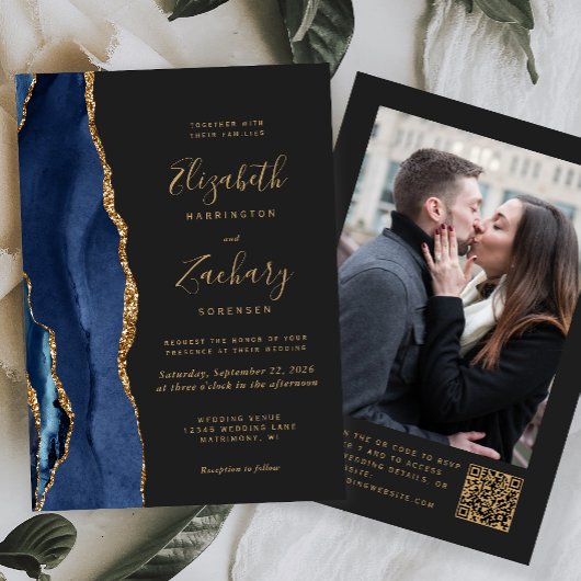 Invitation Marine Blue Agate Dark Photo QR Code Mariage