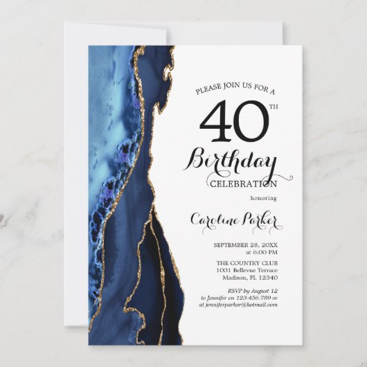 Invitation Marine Blue Agate Or blanc 40e anniversaire (Devant)