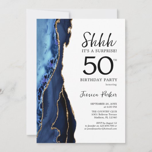Invitation Marine Blue Agate Or blanc Surprise 50e anniversai (Devant)