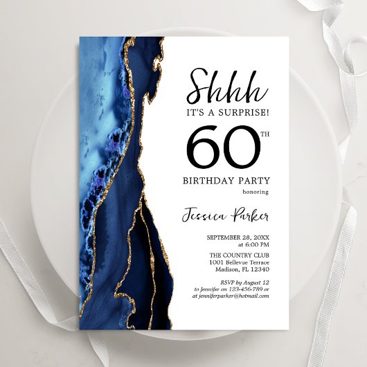 Invitation Marine Blue Agate Or blanc Surprise 60e anniversai