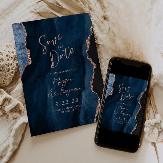 Invitation Marine Blue Agate Rose Gold Wedding Enregistrer la