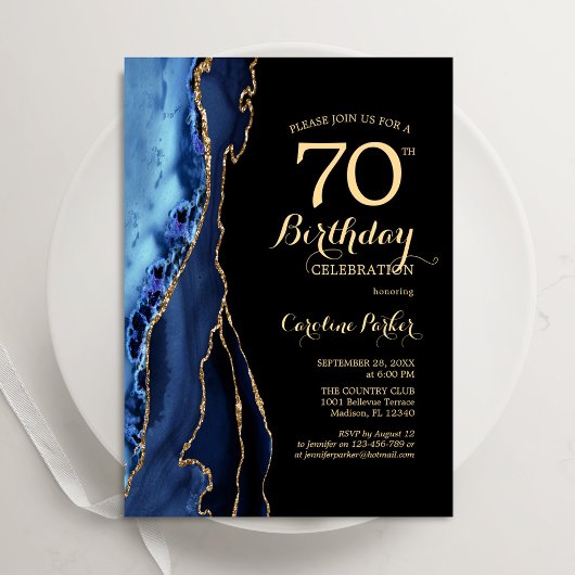 Invitation Marine Blue And Gold Agate 70e anniversaire
