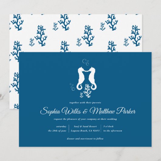 Invitation Marine Blue Beach Coral et Mariage de Seahorse (Devant / Derrière)