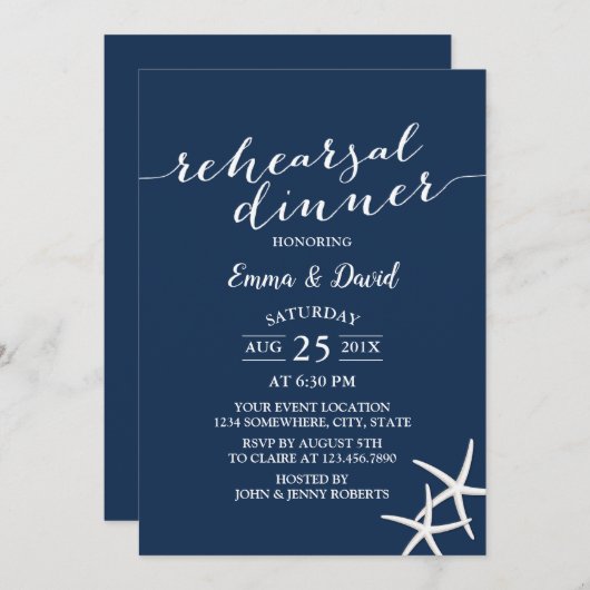 Invitation Marine Blue Beach Mariage Starfish Rehearsal Dîner (Devant / Derrière)