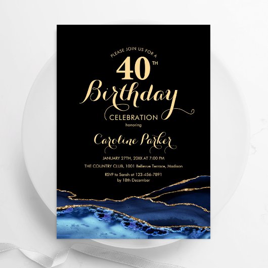 Invitation Marine Blue Black Gold Agate 40e anniversaire