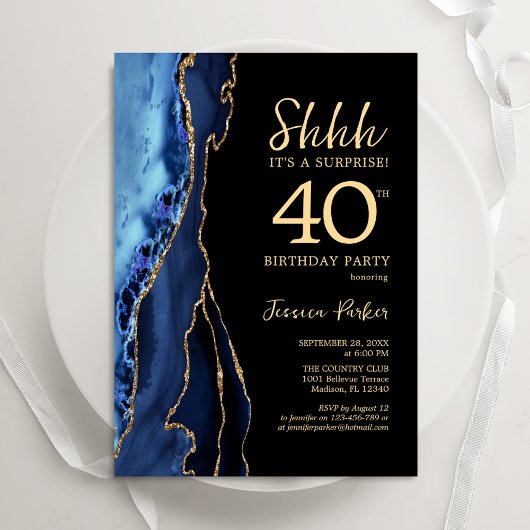 Invitation Marine Blue Black Gold Agate Surprise 40e annivers
