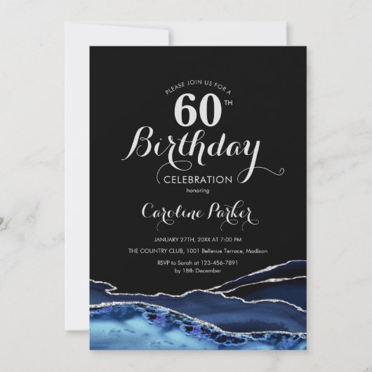 Invitation Marine Blue Black Silver Agate 60e anniversaire (Devant)