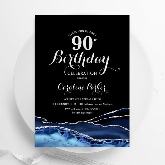 Invitation Marine Blue Black Silver Agate 90e anniversaire