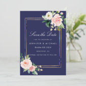Invitation Marine Blue Blush Pink Gold Enregistrer la date (Debout devant)