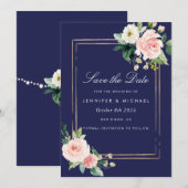 Invitation Marine Blue Blush Pink Gold Enregistrer la date (Devant / Derrière)