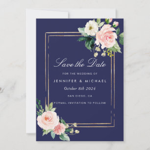 Invitation Marine Blue Blush Pink Gold Enregistrer la date