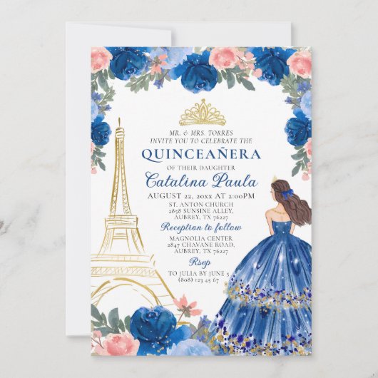 Invitation Marine Blue Blush Pink Gold Tiara Paris Quinceañer (Devant)