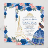 Invitation Marine Blue Blush Pink Gold Tiara Paris Quinceañer (Devant / Derrière)