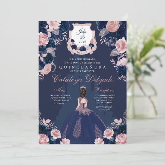 Invitation Marine Blue & Blush Pink Princess Castle Quinceañe (Debout devant)