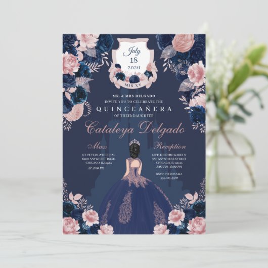 Invitation Marine Blue & Blush Pink Princess Castle Quinceañe (Debout devant)