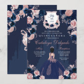 Invitation Marine Blue & Blush Pink Princess Castle Quinceañe (Devant / Derrière)