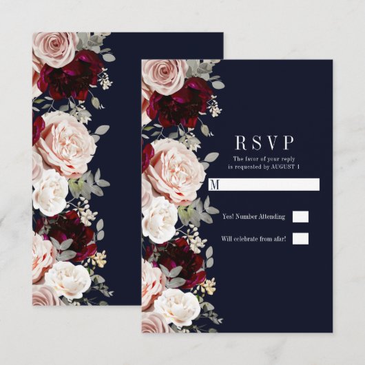 Invitation Marine Blue Blush Rose Bourgogne Floral Wedding RS (Devant / Derrière)