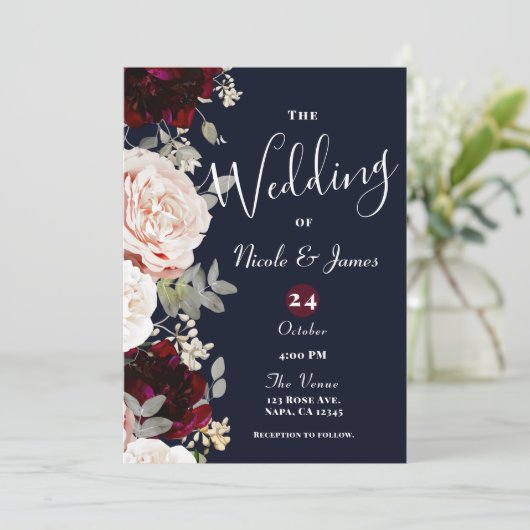 Invitation Marine Blue Blush Rose & Burgundy Floral Mariage I (Debout devant)