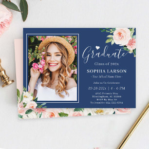 Invitation Marine Blue Blush rose floral photo Graduation
