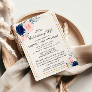 Invitation Marine Blue & Blush Rose Funérailles Célébration d