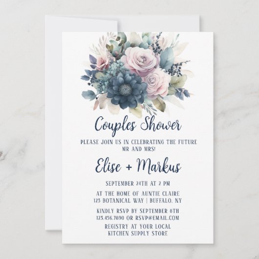 Invitation Marine Blue Blush rose Roses Couples Douche (Devant)