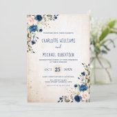 Invitation Marine Blue Blush Rose Rustic Country Floral Maria (Debout devant)