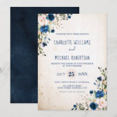 Invitation Marine Blue Blush Rose Rustic Country Floral Maria (Devant / Derrière)